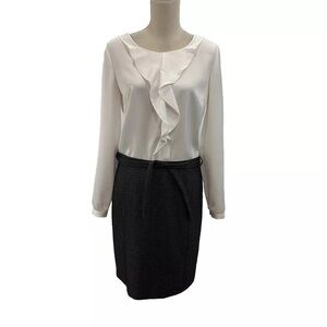 Style Benetton Combo Dress Women’s Medium White Satin Top Gray Skirt Belted